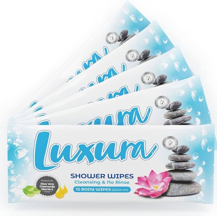 Luxura Shower Body Wipes x60 Bed in Bath No Rinse Bathing & Cleansing Wet Wipes