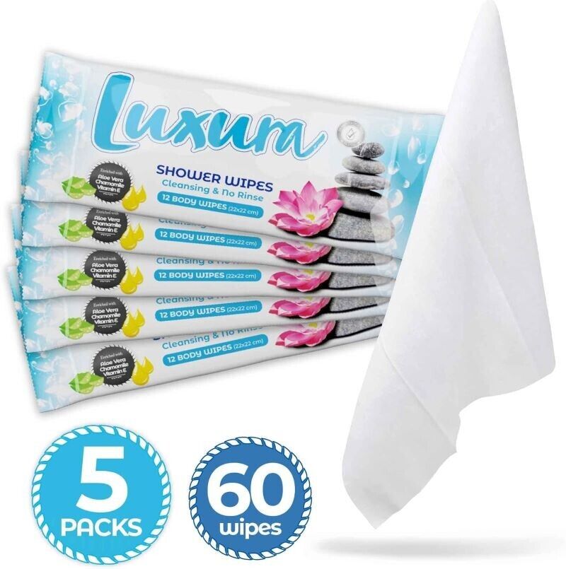 Luxura Shower Body Wipes x60 Bed in Bath No Rinse Bathing & Cleansing Wet Wipes