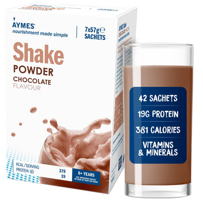 AYMES Shake | Chocolate | 6 x 7 x 57g Sachets | A High-protein Oral Nutritional Supplement with Added Carbohydrate | Fat | Vitamins and Minerals