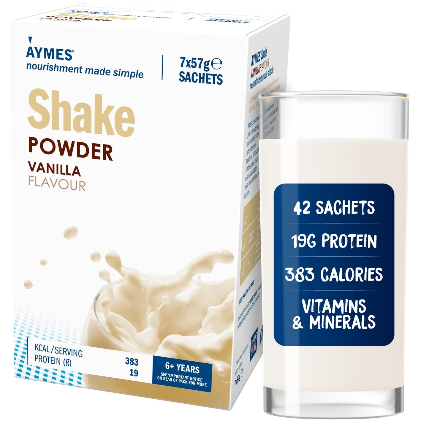 AYMES Shake | Vanilla | 6 x 7 x 57g Sachets | A High-protein Oral Nutritional Supplement with Added Carbohydrate | Fat | Vitamins and Minerals