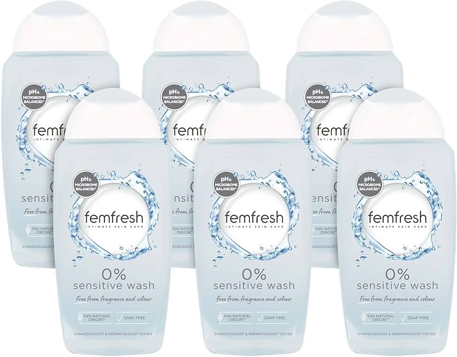 Femfresh 0% Sensitive Intimate Wash - Feminine Hygiene Shower Gel Cleanser - pH Balanced, Soap Free, Fragrance Free Vegan Formula - Lotus Flower Extract to Soothe & Protect - 6 x 250ml Multi Pack