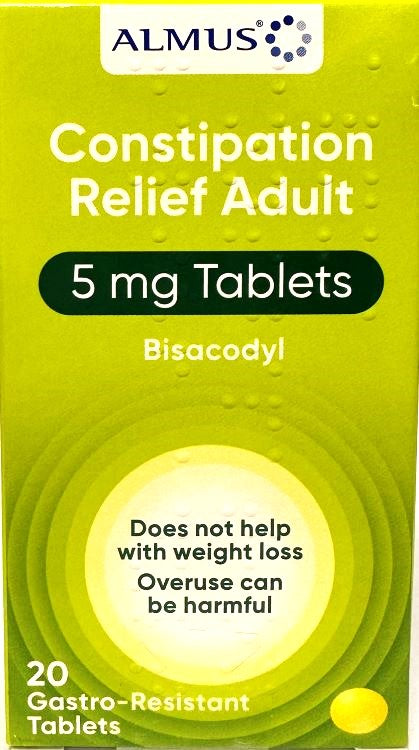 Almus Bisacodyl 5mg Constipation Relief Gastro-Resistant Tablets - Pack of 20 -   Dulcolax EasyMeds Pharmacy