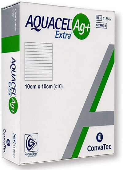Aquacel AG+ Extra Silver Hydrofiber Wound Dressings 10cm x 10cm 4''x4'' 413567 (Pack of 10) - EasyMeds Pharmacy