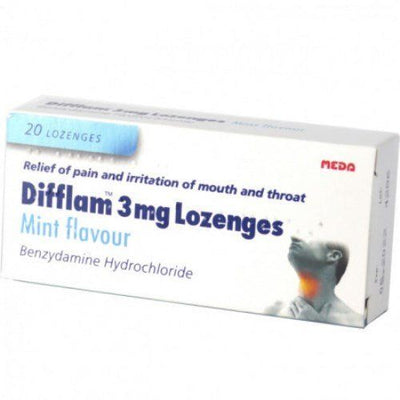 Difflam 3mg Lozenges (Pack of 20) | Mint/Orange-Honey/Lemon/Eucaplyptus -   Meda EasyMeds Pharmacy