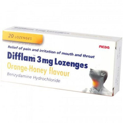 Difflam 3mg Lozenges (Pack of 20) | Mint/Orange-Honey/Lemon/Eucaplyptus -   Meda EasyMeds Pharmacy