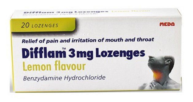 Difflam 3mg Lozenges (Pack of 20) | Mint/Orange-Honey/Lemon/Eucaplyptus -   Meda EasyMeds Pharmacy