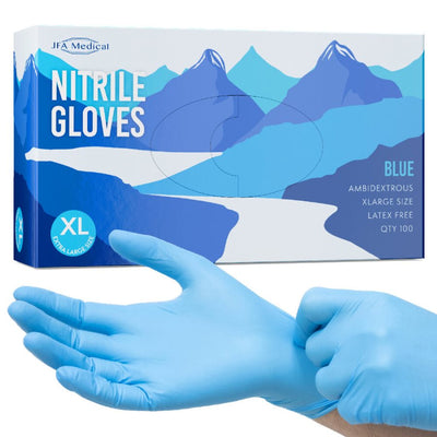 JFA Medical Extra Large XL Size Disposable Powder Free Blue Nitrile Gloves - Box of 100