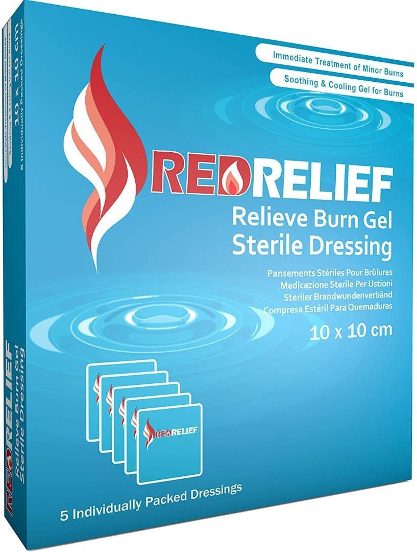 Pack of 5 RedRelief Emergency Hydrogel Burn Dressing 10cm x 10cm |Cools, soothes and relieves pain -   JFA Medical EasyMeds Pharmacy